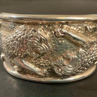 Sterling Silver Hammered Double Lion Bangle Bracelet 