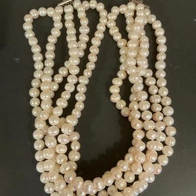 Ross Simons 5 Row White Pearl Torsade Necklace Sterling 
