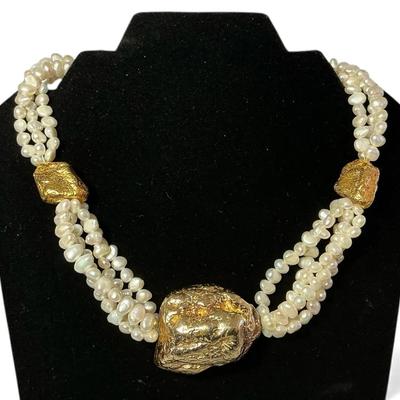 Gold over Sterling Silver “Gold Nugget” Pearl Necklace (17 Inch)