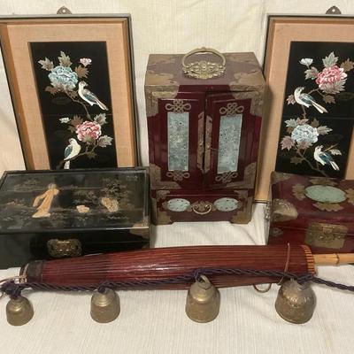 Asian Jewelry Boxes, Parasol, Brass Chimes, &  Painted Tiles