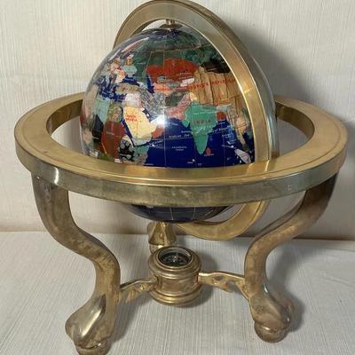 Semiprecious Gemstone Globe on Brass Stand