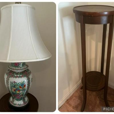 Asian Ginger Jar Table Lamp & Wood Accent Table or Plant Stand