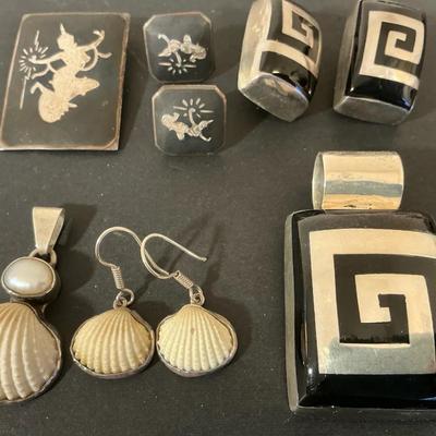 Sterling Silver Pendant And Earring Sets Shells, Siam And Onyx