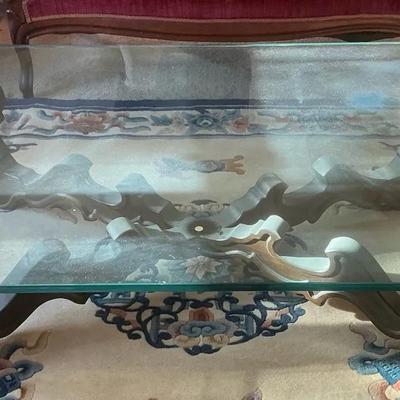 Large Glass Top Coffee Table Wood Base 15.5"h x 36.25"w x 58"L