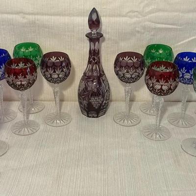 Bohemian Czech Ametyst Cut Crystal Decantor & Multicolor Glasses
