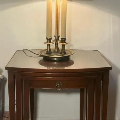 Hekman Mahogany Nesting Tables & Bouillotte Brass Table Lamp