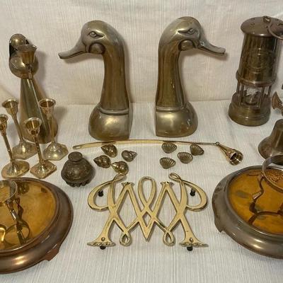Brass Duck Bookends, Sailing Lamp, Bells, Candlesticks, & More