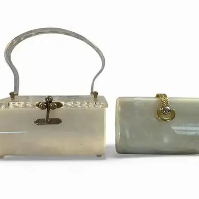 Two Vintage Lucite Petite Cream Handbags 