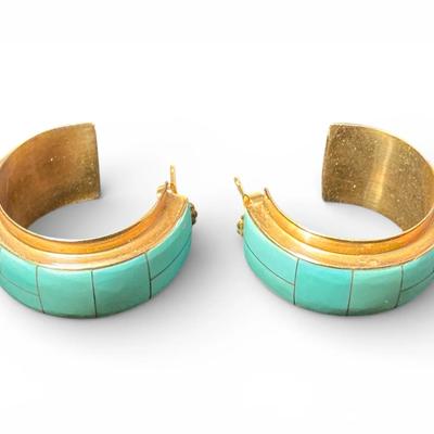 14k Gold Turquoise Hoop Earrings (10 Grams Total)