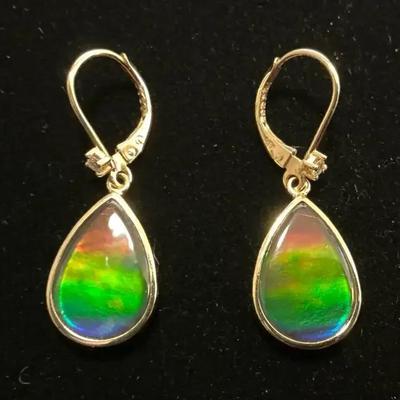 18k Gold Diamond Ammolite Drop Earrings (4.30 Grams Total)