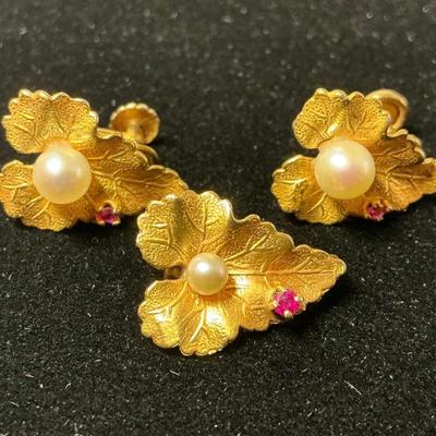 14k Gold Pearl Ruby Screwback Leaf Earrings & Pin (5.23 Grams Total)