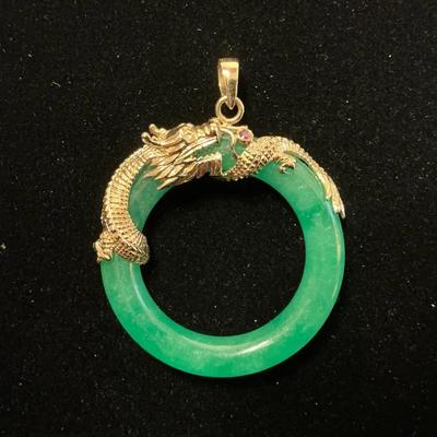14k Gold Jade Dragon Pendant 