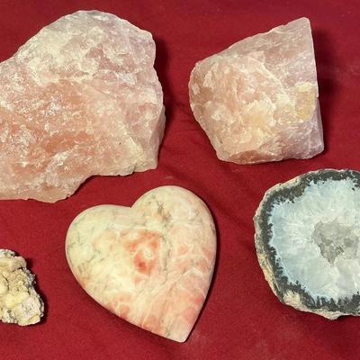 Rose Quarts Chunks & Heart, Quartz Geode, & Calcite Chunk