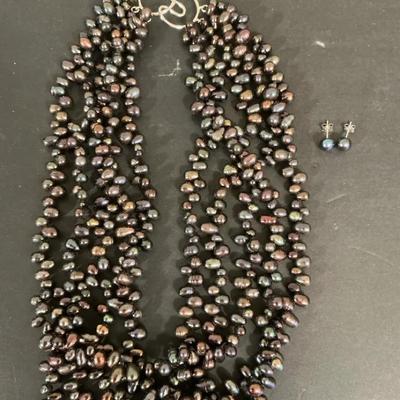 Ross Simons Black Pearl Multi-strand Torsade Necklace And Stud Earrings 