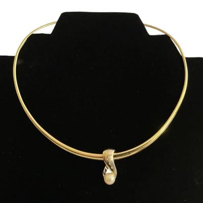 14k Gold Omega Diamond Pearl Slide Pendant Necklace (30 Grams Total)