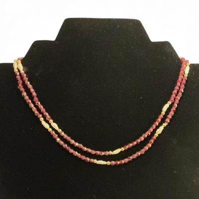 Faceted Amethyst Rice Pearl & Gold Bead Necklace (32 Inch)