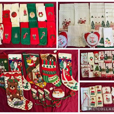 Vintage Needlepoint Christmas Stockings, Hand Towels, & More
