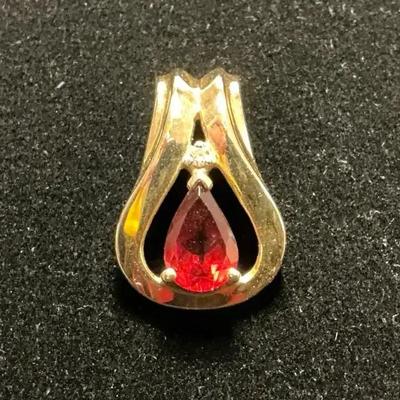 14k Gold Red Stone Diamond Slide Pendant 