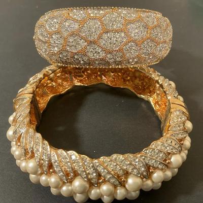 Vintage Johnathan Mazer Pearl And Rhinestone Bangles 