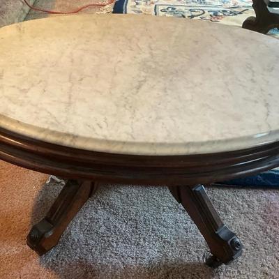 Antique Marble Top Carved Wood Base Coffee Table
