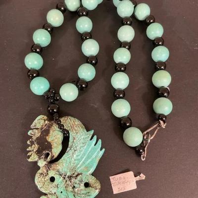 Turquoise And Onyx Carved Dragon Necklace 