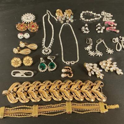 Vintage Rhinestone And Gold Tone Jewelry Including Trifari And Kramer 