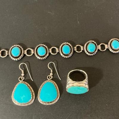 Sterling Silver Native American Turquoise Earrings, Bracelet And Ring 