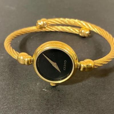 Gucci Gold Plated Bangle Watch With Black Dial 