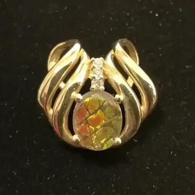 14k Gold Diamond Fossil Ammolite Slide Pendant (6.44 Grams Total)