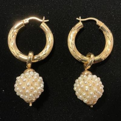 14k Gold Ball Pearl Dangle Hoop Earrings 