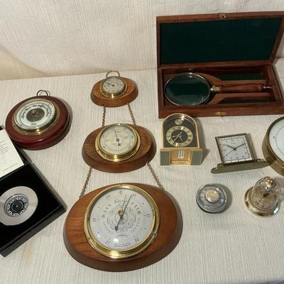 Vintage Barometers, Thermometers, Clocks incl. Seth Thomas, Weems & Plath Compass, Magnifying Glass