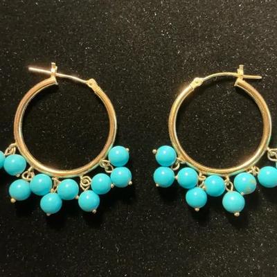 14k Gold Turquoise Hoop Earrings 