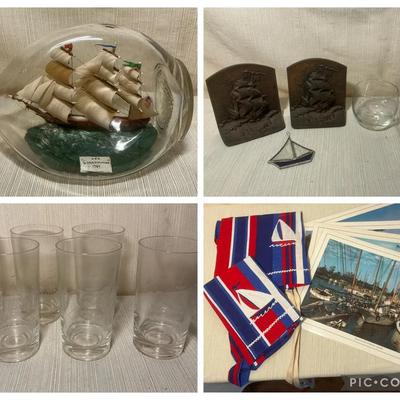 Ship in a Bottle, Sailboat Glasses, Placemats, Cast Iron Bookends, & More