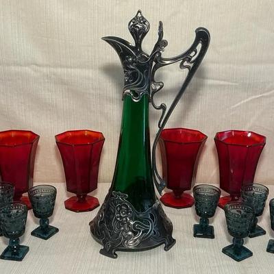 Art Noveau Green Glass Silver Plates Decanter & Brutalist Glasses