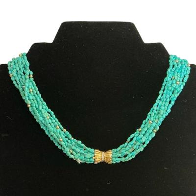 14k Gold Diamond Clasp Beaded Turquoise Multi-Strand Necklace 