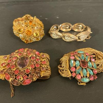Set Of 4 Gold Tone Vintage Multi-stone Bracelets 