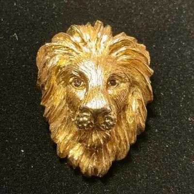 14k Gold Diamond Eye Lion Slide Pendant / Brooch (17.83 Grams)