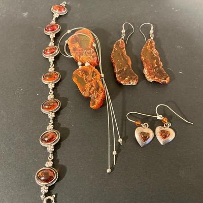 Sterling Silver And Amber Pendant, Earnings And Bracelet 