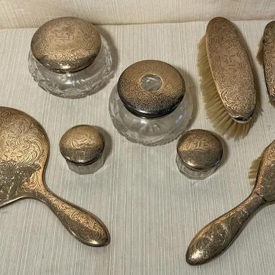 Sterling Silver Vanity Set Jars, Brushes, Mirror