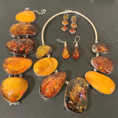 Sterling Silver And Amber Necklace, Bracelet And Earrings 