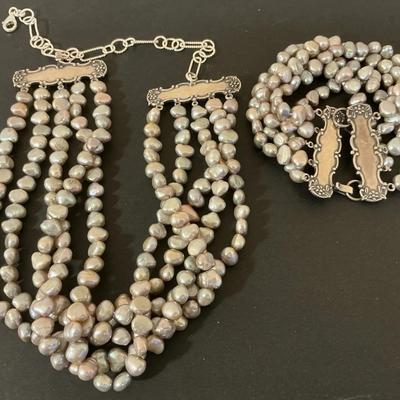 Sterling Silver Foree Multistrand Pearl Necklace And Bracelet 