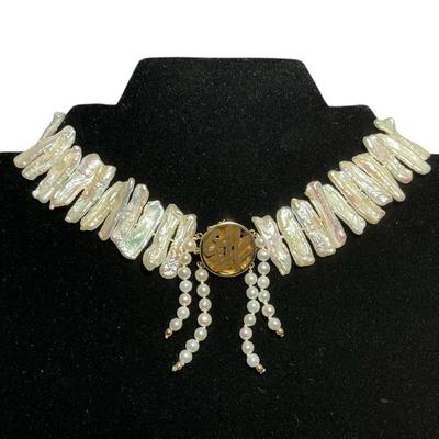 14k Gold Clasp Biwa Stick Pearl Collar Necklace 