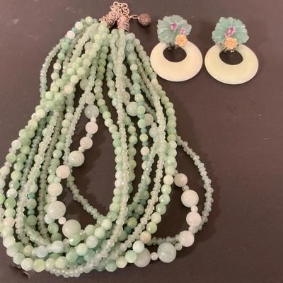 Sterling Silver And Jade Multistrand Necklace And Earrings 