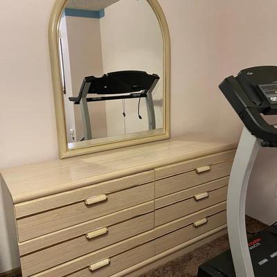 Blonde Veneer Dresser With Mirror, Matching Side Table & Brass Twin Bed 