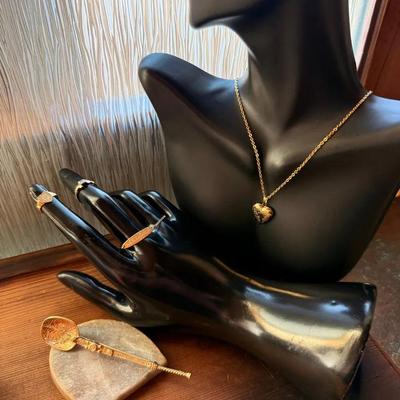 14k Golden Ensemble; Rings, Ornate Spoon Pin, Necklace with Locket