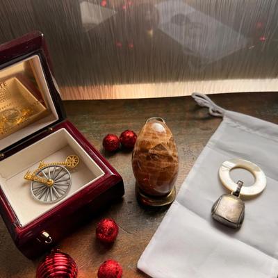 This and That Collection; Small Jewelry Box, Pin, Egg with Stand, and Pendanr