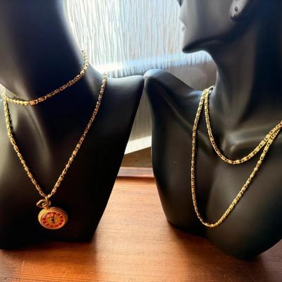 Double Time- 2 Gold-tone Necklaces with Time-piece