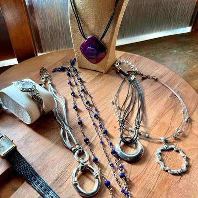 Festive and Fun Jewelry Montage; Fives Necklaces & Two Watches