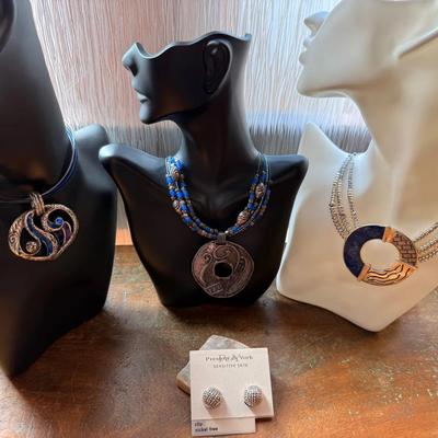 Chico Blue Trio Statement Necklaces With Nickel-free Clip On Earrings