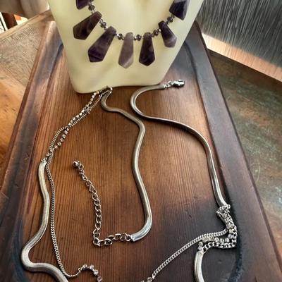 The Perfect Pair: Purple Marbled Stone & Silver-toned & Rhinestone Necklaces